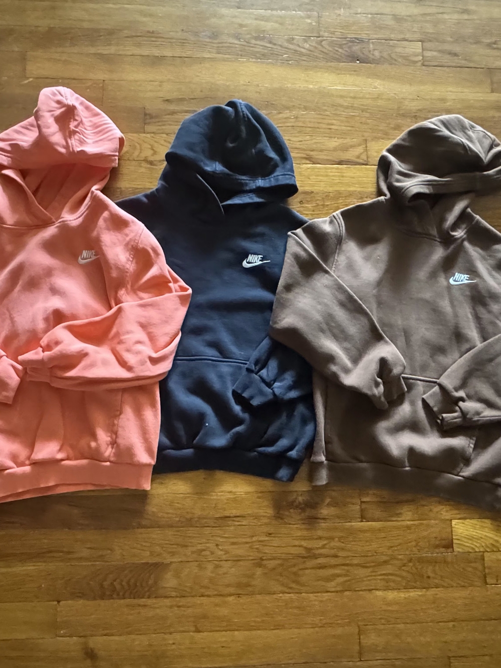 Nike Kids Hoodies Trio - Coral, Brown, and Black Bundle.